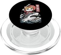 Gato Kawaii Montando Tiburón Arte Japonés Divertido Gato Samurai PopSockets PopGrip para MagSafe