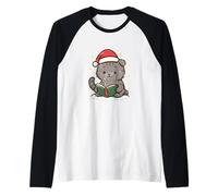Gato Lee Libro en Navidad Camiseta Manga Raglan