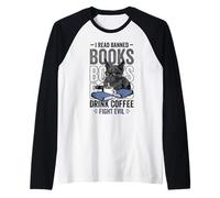 Gato Leer Libro Prohibido Beber Café Lucha Bibliotecario Camiseta Manga Raglan