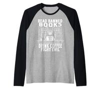 Gato Leer Libro Prohibido Beber Café Luchar Bibliotecario Camiseta Manga Raglan