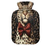 Gato leopardo con pajarita (1) botella de agua caliente con funda de forro polar suave, bolsa de agua caliente para aliviar el dolor de cuello y hombros, terapias calientes y frías-L