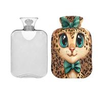 Gato leopardo con pajarita (2) botella de agua caliente con funda de forro polar suave, bolsa de agua caliente para aliviar el dolor de cuello y hombros, terapias frías y calientes, L