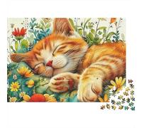 Gato Lindo 1000 Piezas Puzzle Regalo Festivo Adultos Gatitos Naranja Echando Siesta Jardín Flores Premium Grueso Robusto Desafiante Alivio Estrés 70x50cm/1000pz