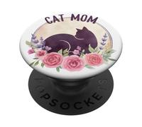 Gato, Mamá Floral Acuarela Negro, Silueta Gato Rosa Rosas PopSockets PopGrip Adhesivo