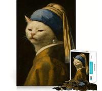 Gato Manchado con Pendiente de Perla - Rompecabezas de Arte Meme de Vermeer para Adultos 1000 Rompecabezas fortalecen la Memoria, alivian la ansiedad, Bordes Suaves, cálida Sorpresa (38x26cm)