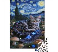 Gato Manchado de Tigre Puzzles,desafío for Adults Cielo Nocturno Estrellado 1000 Piezas Obra De Arte De Juego De para Adultos Y Niños Mayores De 12 Años 1000pcs (75x50cm)