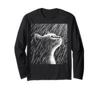 Gato Melancólico bajo la Lluvia - Arte en Blanco y Negro Manga Larga
