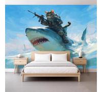 Gato Militar Tiburón Papel pintado no tejido 3D 300 x 210 cm Pared Fotos Murales, Dibujos Animados Divertido Papel Pintado Panorámico Pared Para Sala Tv Sofá Tema Hotel Pasillo Fondo Pintado