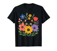 Gato Mirando A Través De Flores Lindo Floral Gatito Amante Camiseta gráfica económica, Hombre, Negro, XL