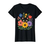 Gato Mirando A Través De Flores Lindo Floral Gatito Amante Camiseta gráfica económica, Mujer, Negro, XL