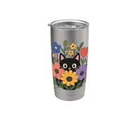 Gato Mirando A Través De Flores Lindo Floral Gatito Amante Vaso térmico de acero inoxidable de doble pared