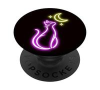 Gato Mirando Luna Y Estrellas Rosa Amarillo Y Negro PopSockets PopGrip Adhesivo