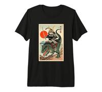 Gato Montando Dinosaurio T-Rex Japonés Ukiyo-e Art Samurai Cat Camiseta Premium