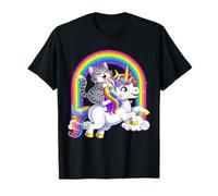 Gato Montando Unicornio Arco Iris Fantasía Lindo Camiseta