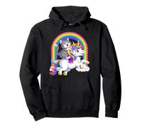 Gato Montando Unicornio Arco Iris Fantasía Lindo Sudadera con Capucha