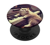 Gato Musical Pianista en Escena de Piano Vintage Art PopSockets PopGrip Adhesivo