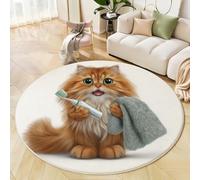 Gato Naranja Con Un Cepillo De Dientes Alfombra Redonda De Salón 160cm, Animal Gracioso Y Peculiar Alfombra De Pelo Corto, Alfombras Lavable Antideslizante Para Cocina Habitacion Oficina, Naranja