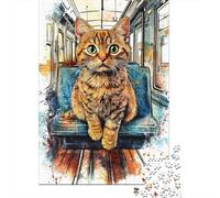 Gato Naranja en Asiento de Tren Puzzle de 1000 Piezas Papel para Adultos Juego de Puzzle Interior Tren Regalo 38x26cm/1000pcs