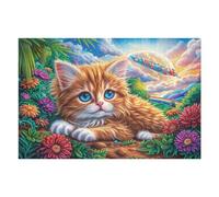 Gato Naranja Entre Flores densas Puzzles 1000 Piezas Obra De Arte Decorativa Premium Flora Meadow Spray Rompecabezas Familiar para Adultos DIY Creativo Aliviar Estrés Portátil 1000 PCS