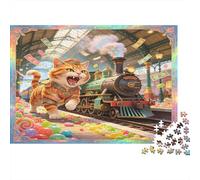 Gato Naranja Estación de Tren Puzzle de 1000 Piezas Papel para Adultos Escena Fantástica Juego de Puzzle para Familia Relajación Decoración Regalo 52x38cm/1000pcs
