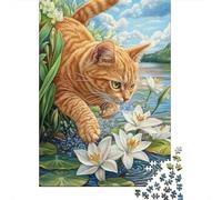 Gato Naranja Puzzle de 1000 Piezas Papel para Adultos Flor de Loto Junto al Agua Relajación Decoración Regalo Familia 38x26cm/1000pcs