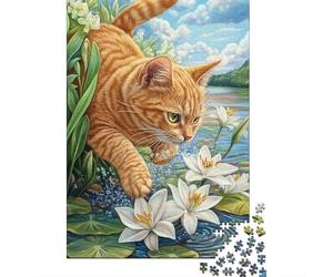 Gato Naranja Puzzle de 1000 Piezas Papel para Adultos Flor de Loto Junto al Agua Relajación Decoración Regalo Familia 38x26cm/1000pcs