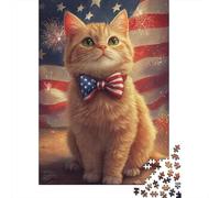 Gato Naranja Rayado Puzzle de 1000 Piezas Papel Puzzle para Adultos Escena Bandera Americana Hogar Relajación Decoración Familia Regalo 70x50cm/1000pcs
