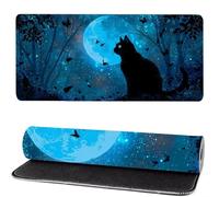 Gato Negro Alfombrilla Escritorio XXL 1400 x 600 x 3mm Alfombrilla Raton Luna Gaming Mouse Pad Bordes Cosidos Base de Goma Antideslizante, Mejora la Precisión y la Velocidad, Decoracion de Mesaks-177