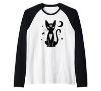 Gato Negro Brujo gótico con Luna Estrellas místicas Arte Nocturno Camiseta Manga Raglan
