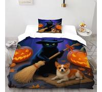 Gato Negro Calabaza Funda Edredon 2 Piezas con Impresión En 3D Halloween Farm Animals con Funda Almohada Single（135x200cm） Microfibra Juego De Cama para para Niñosy Hombres