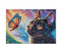 Gato Negro Colorido Puzzles 300 Piezas Obra De Arte Decorativa Bloom Butterfly Night Rompecabezas Familiar para Adultos DIY Creativo Aliviar Estrés Portátil 300 PCS