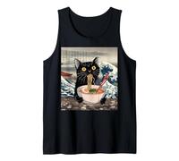 Gato negro comiendo fideos ramen japonés ola arte divertido Camiseta sin Mangas