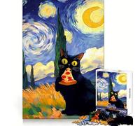 Gato Negro Comiendo Pizza Noche Estrellada Rompecabezas de 1000 Piezas para Adolescentes Habilidad lógica Recreación Tranquila Bordes nítidos Regalo Memorable (50x75cm)