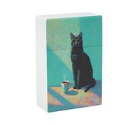 Gato negro con gafas de sol tomando café Estuche de cigarrillos de plástico Porta cigarrillos de bolsillo plegable
