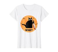 Gato Negro de Halloween con Cuchillo Sangriento ¿Qué ? Camiseta gráfica económica, Mujer, Blanco, XS