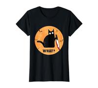 Gato Negro de Halloween con Cuchillo Sangriento ¿Qué ? Camiseta gráfica económica, Mujer, Negro, L