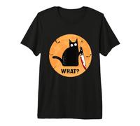 Gato Negro de Halloween con Cuchillo Sangriento ¿Qué ? Camiseta Premium