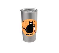 Gato negro de Halloween con cuchillo sangriento ¿Qué ? Vaso térmico de acero inoxidable de doble pared