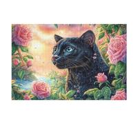 Gato Negro en arbusto de Rosas Puzzle 1000 Piezas Rompecabezas Familiar para Adultos Aliviar Estrés Decoración De Pared Moderna 1000 PCS