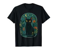 Gato Negro Floral con Luna Camiseta
