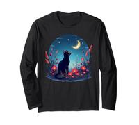 Gato Negro Floral con Luna Manga Larga