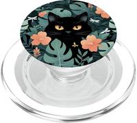 Gato Negro Flores Botánicas Patrón Floral Verde Lindo Gato PopSockets PopGrip para MagSafe