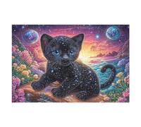 Gato Negro Galaxia Cielo Estrellado Puzzle 1000 Piezas Colorido Vibrante Rompecabezas para Adultos Obra De Arte Familiar Estera Portátil DIY Creativo 1000 PCS