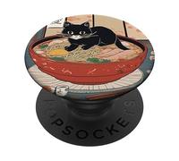 Gato Negro Kawaii - Tazón de Ramen Estilo Arte japonés Humor PopSockets PopGrip Adhesivo