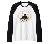 Gato Negro místico con Velas de Luna y Libro de hechizos Camiseta Manga Raglan