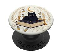 Gato Negro místico con Velas de Luna y Libro de hechizos PopSockets PopGrip Adhesivo