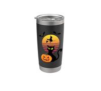 Gato negro, murciélago, bruja y calabaza al atardecer en Halloween Vaso térmico de acero inoxidable de doble pared