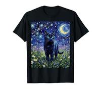 Gato Negro Noche Resplandor Estrellas y Luna ilustración Camiseta