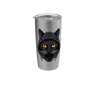 Gato Negro Ojos Amarillos Gato Feliz Vaso térmico de acero inoxidable de doble pared