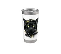 Gato Negro Ojos Amarillos Gato Feliz Vaso térmico de acero inoxidable de doble pared